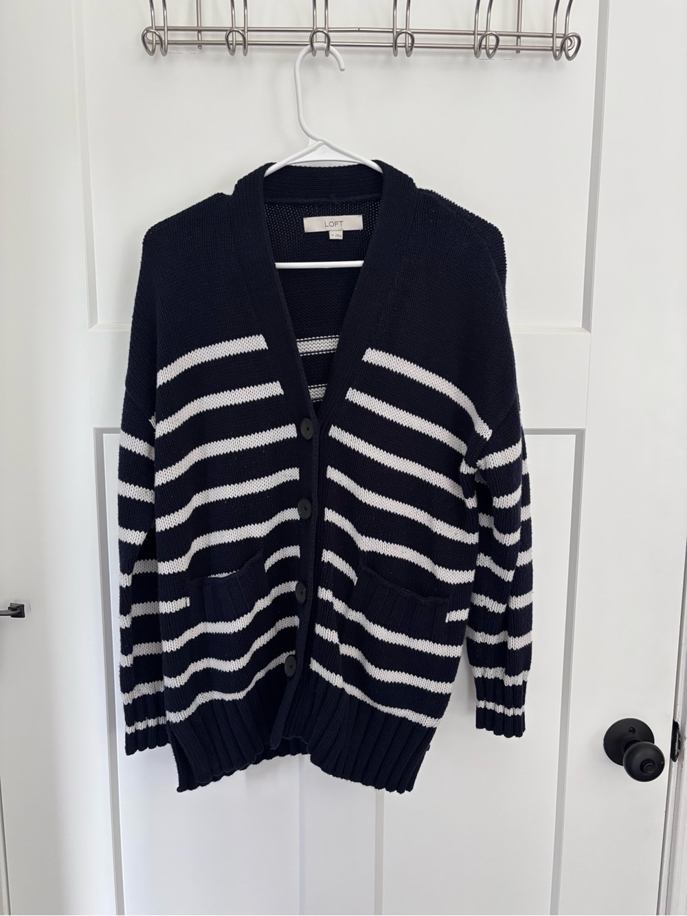 LOFT Womens Navy & White Striped Button Cardigan Sweater
